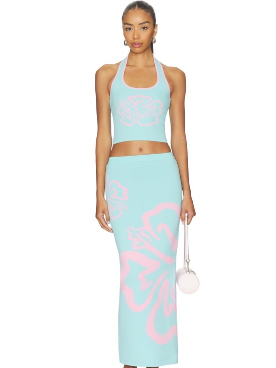 Kulani Kinis Dresses & Skirts - Kulani Kini’s Aqua & Pink Floral Knit Halter Crop Top + Maxi Skirt Set